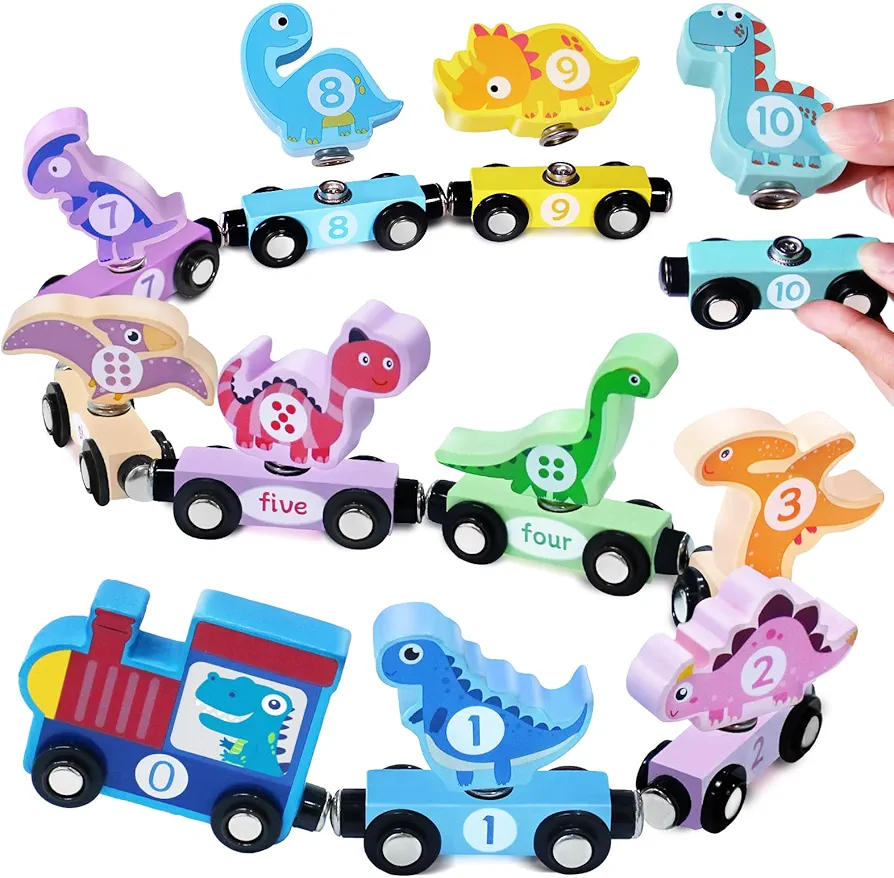 Wooden Train Set Dinosaur Toys for Kids 3-5, Magnetic Dinosaur Train Number Matching Color Sorting Sensory Toys for Toddlers, Montessori Toys for 2 3 4 5 Year Old Girls Boys Birthday Gifts