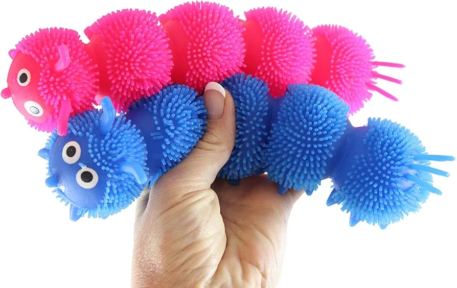 Set of 2 Large Puffer Solid Color Caterpillar 8" Fidget Sensory Toy - 5 Section Tactile Toy Bug- Squishy Squeezey Sensory Squeeze Air Filled Balls OT (RANDOM COLORS)