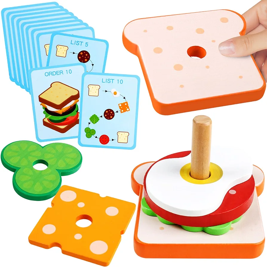 Montessori Wooden Stacking Toys Fine Motor Skills Wooden Play Food Sandwich Toys with Order Cards Preschool Educational Toys to Develop Fine Motor Skills for 3 4 5 Year Old (Sandwich)