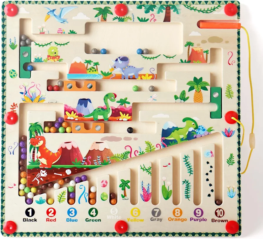 Magnetic Color and Number Maze, Montessori Toys for Ages 3+, Wooden Puzzle Activity Board, Learning Puzzle Counting Matching Toys for Toddlers, Boys Girls Preschool Dinosaur Toys 4 5 6 Years Old