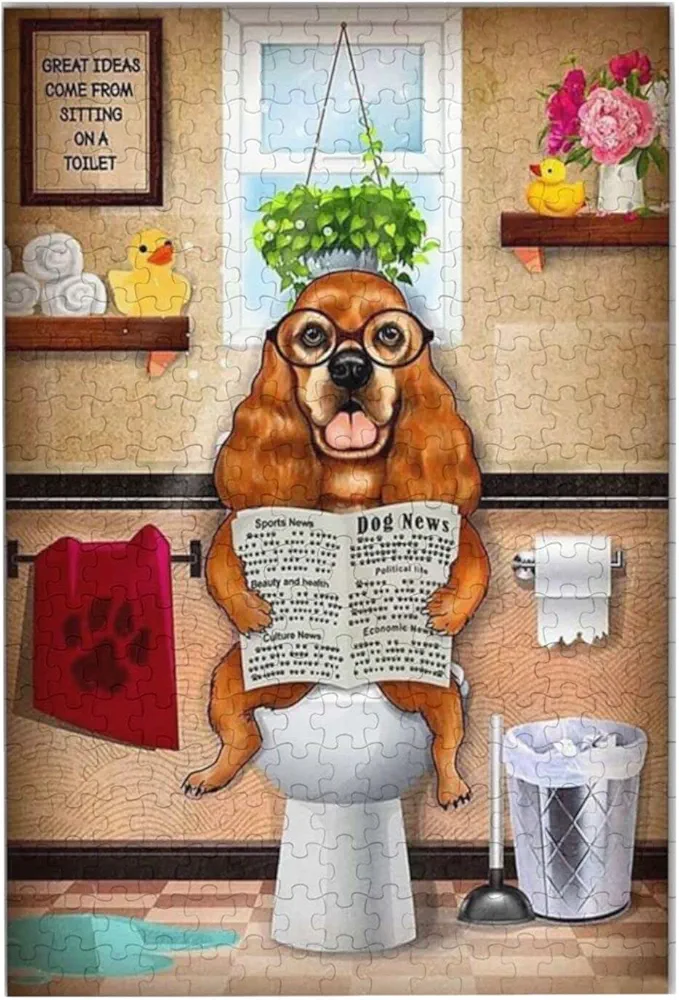 Dog in Bathroom Jigsaw Puzzles 300 Pieces for Adults - Dog Reading Newspaper Animal Wooden Picture Puzzle - Puzzles for Youth Children Home Toilet Decor Funny Game Best Gift Preschool Toys