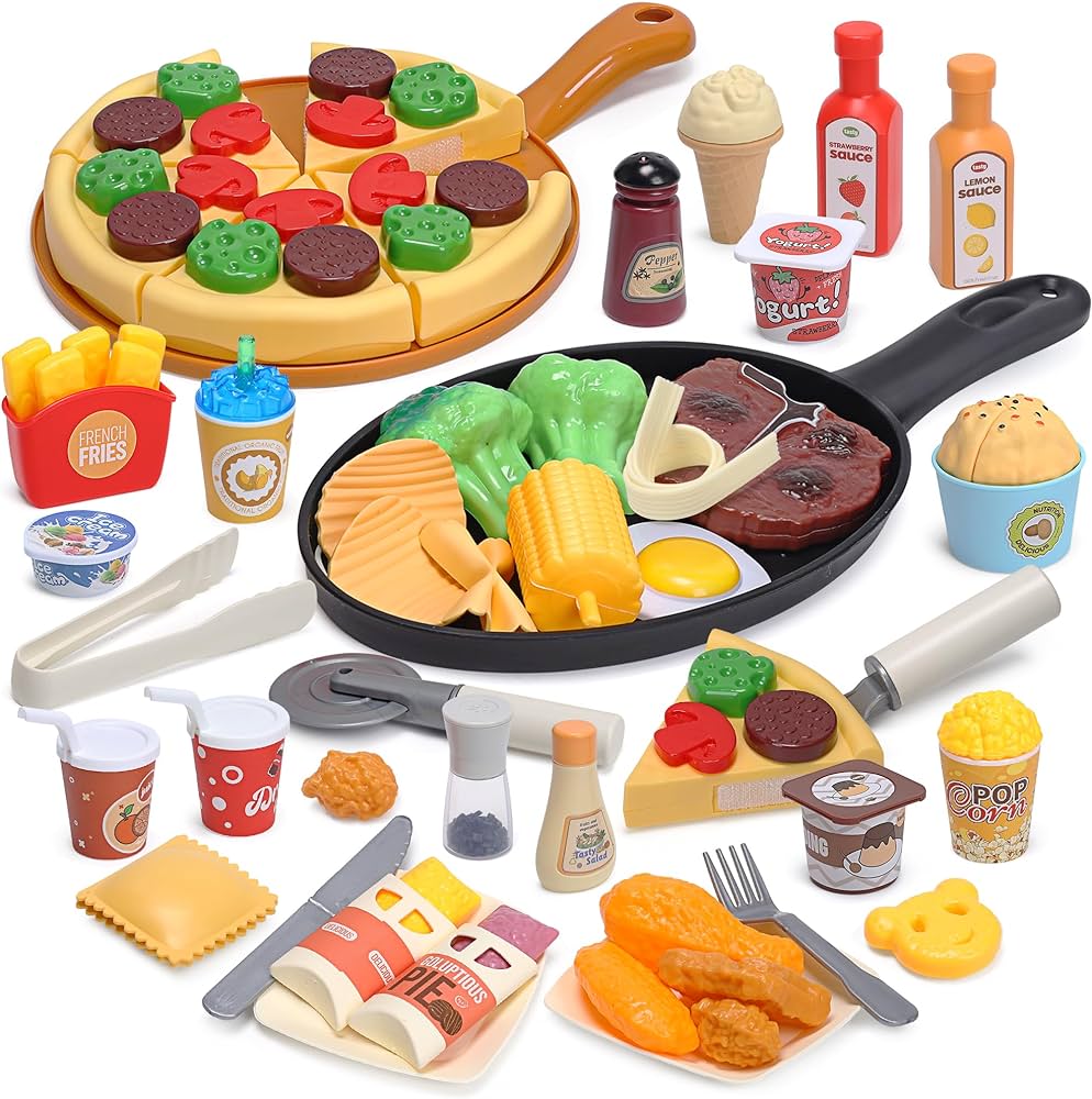 Play Food Toys, Kids Kitchen Accessories, 44-Piece Toy Food Set with Realistic Fake Food, Desserts, and Play Cooking Set, Preschool Learning Kitchen Toys for Toddlers