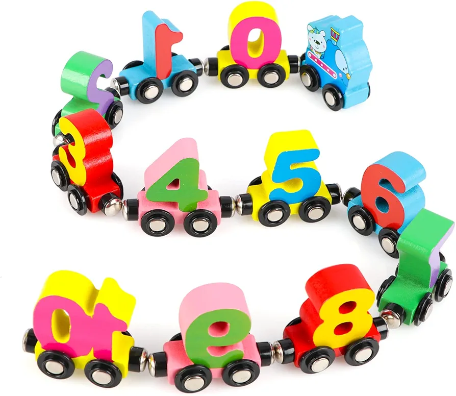 Wondertoys 12 PCS Wooden Train Set Toy Wooden Magnetic Number Train Set includes 1 Engine Cars for Toddlers Boys and Girls, Compatible with Major Brands Train Set Tracks