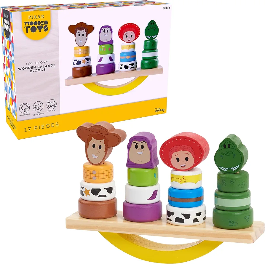 Disney Wooden Toys Toy Story Balance Blocks, 17-Piece Set Features Woody, Buzz Lightyear, Jessie, and Rex, Officially Licensed Kids Toys for Ages 18 Month by Just Play