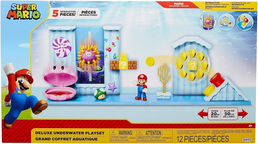 Nintendo Super Mario Deluxe Underwater Playset with 5 Interactive Environmentpiece – includes 2.5” Mario Figure, 1-Up Mushroom Accessory & Warp Pipe Coin Launcher