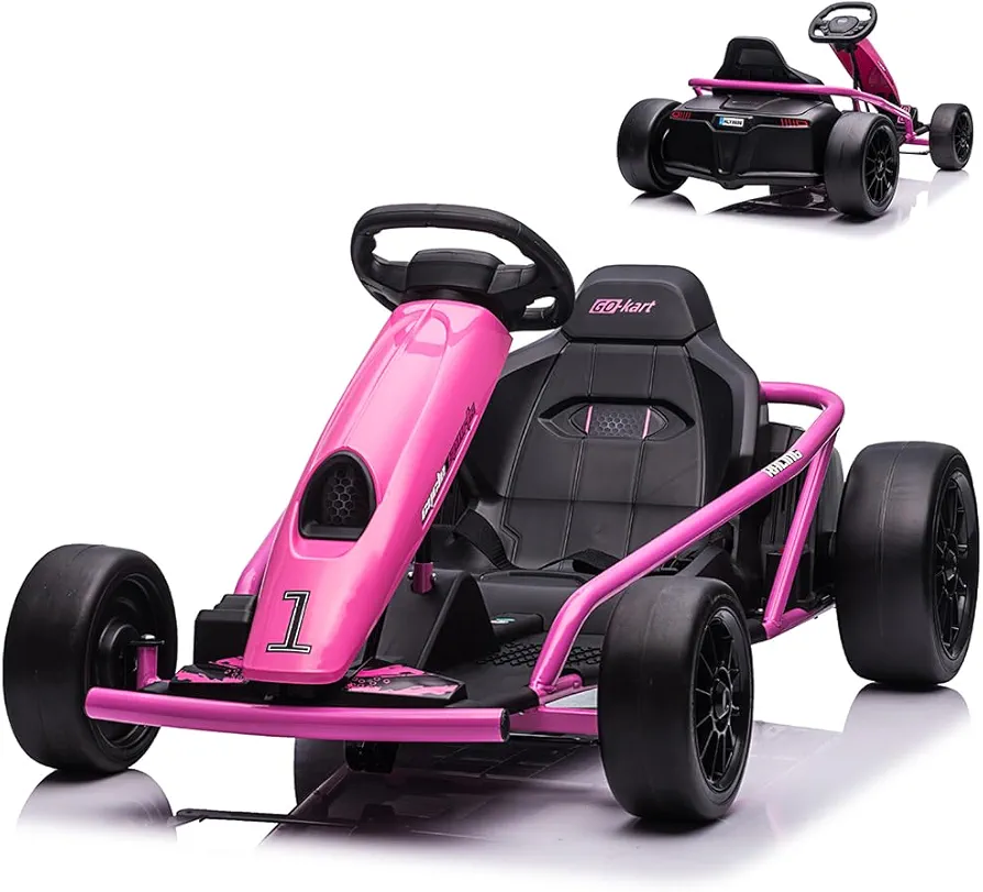 Ride on Go Kart for Kids, 24V 9Ah Battery Two 300W Motors, 8MPH Fast Drifting Circling Car, Electric Ride Toy Slow Start Function with Music, Horn,Max Load 175lbs, Racing Toy for Kids 8+ Years, Rose