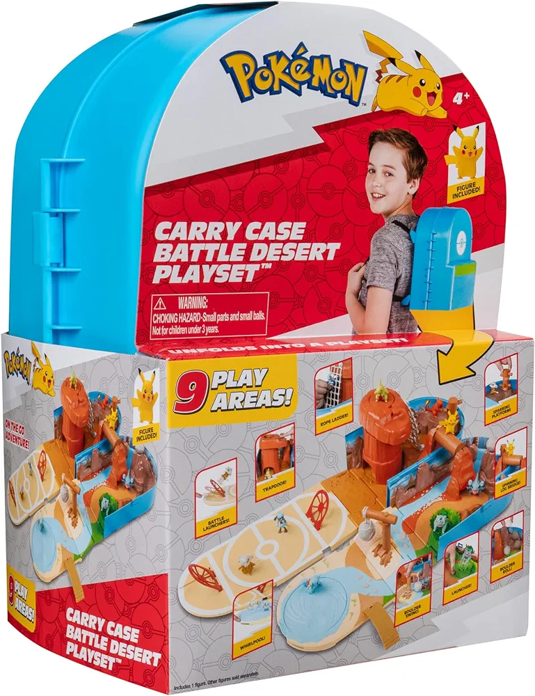 Pokémon Carry CASE Battle Desert PLAYSET - Portable Transforming Playset with Action Features and 2-inch Pikachu Battle Figure