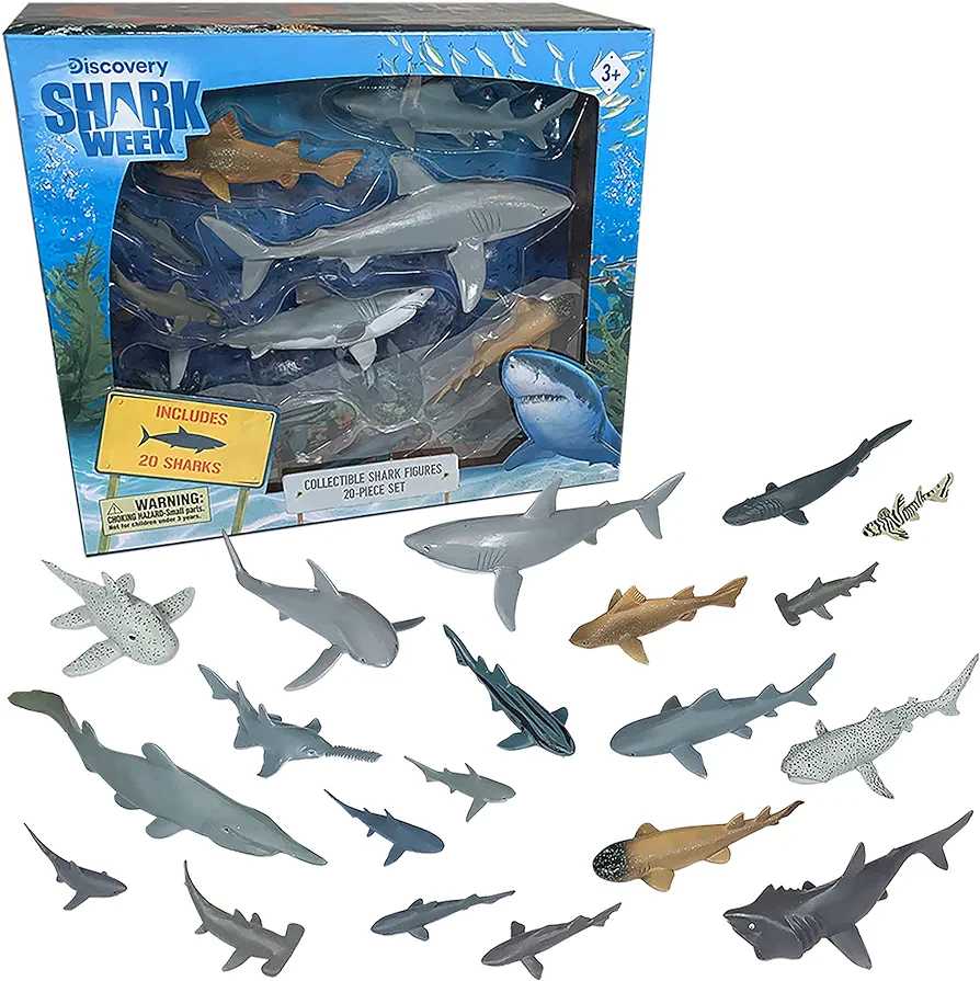 Shark Week Discovery - 20 Pieces Premium Collectable Shark Toy Playset, Great White Shark, Mako, Hammerhead, Goblin and More, Hand Painted, Detailed, Eco Friendly, Officially Licensed