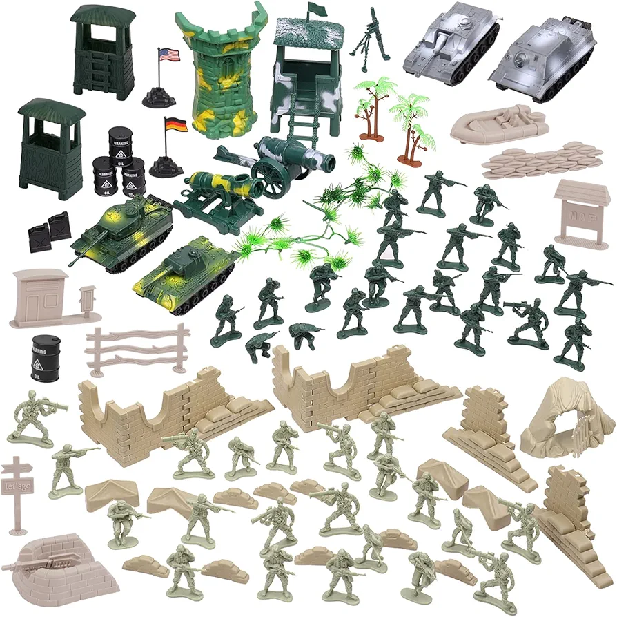 Flexzion Military Action Figures Playset, Army Men Toy Model Kit, Soldier Force Giftset, War Building Accessories Scene Gameset, Classic World War Battlefront Warrior Tank Set for Kids, Boys - 100 Pcs