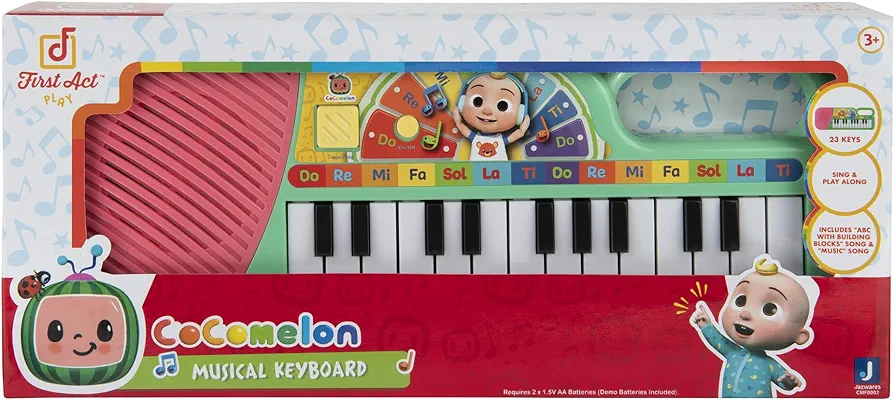 CoComelon First Act Musical Keyboard, 23 Keys; Music and ABC Songs Pre-Recorded, Educational Music Toys, Carry N’ Go Handle