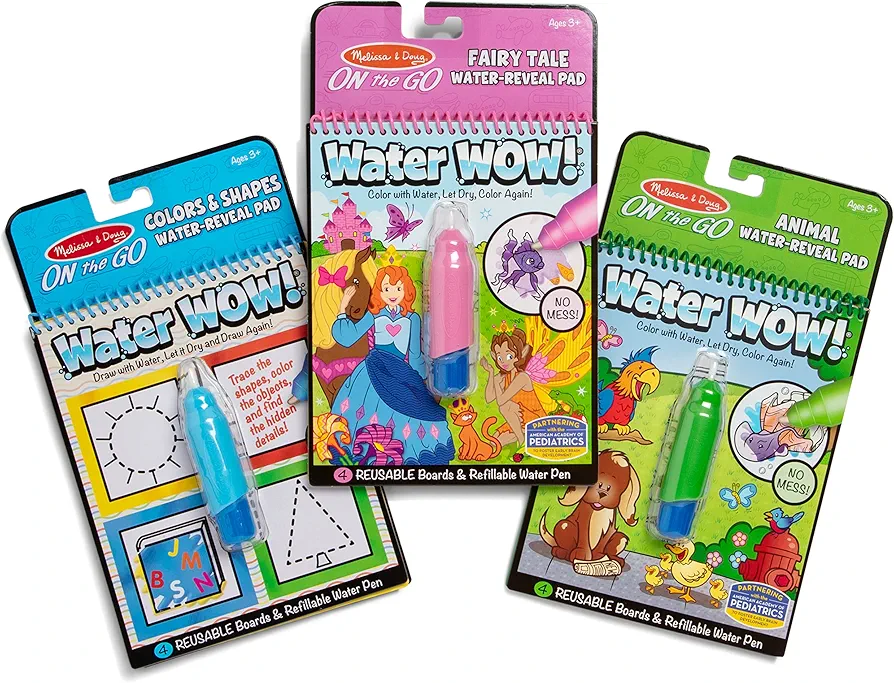 Melissa & Doug On the Go Water Wow! Reusable Water-Reveal Activity Pads, 3-pk, Colors and Shapes, Fairy Tales, Animals - Travel Toys, Stocking Stuffers, Mess Free Coloring For Kids Ages 3+