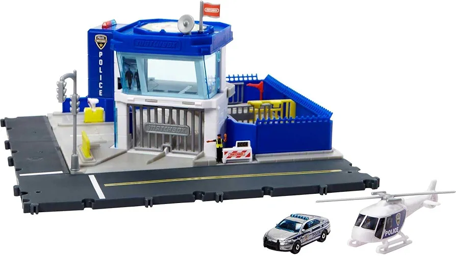 Matchbox Toy Cars Playset, Action Drivers Police Station Dispatch, 1 Toy Helicopter & 1 Ford Police Car in 1:64 Scale with Lights & Sounds