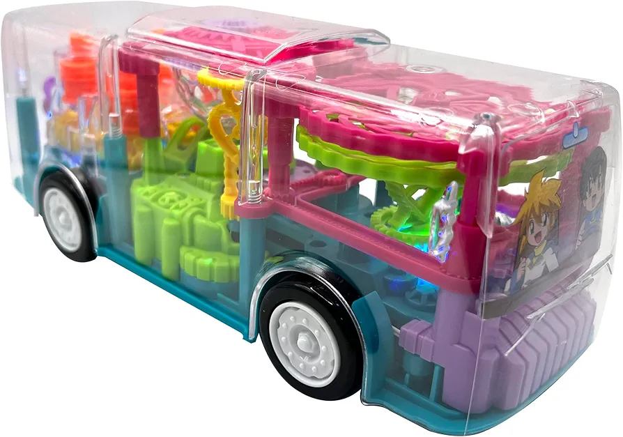 LED Light up Bus Toy with Colorful Light Moving Wheel Music Fun Gear Transparent Educational Bump and Go Toy Car for Kids