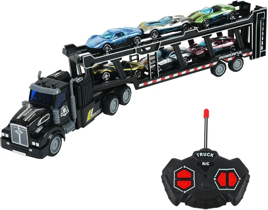 Remote Control Car Transporter Truck includes 6 Cars, 14" 1:48 Car Transporter Semi Truck Toy, Equipped with 2 Rechargeable Batteries, Gifts Ideas for Boys Age 3-8 Year Old