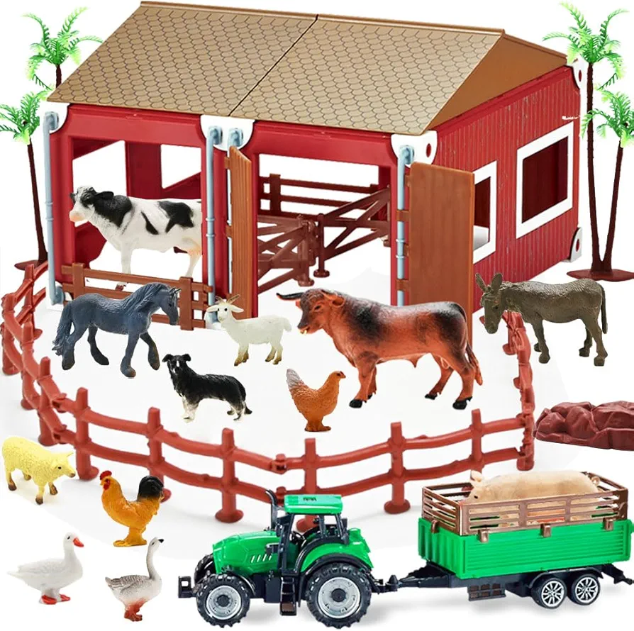 BOLZRA Mini Barn Farm Toys Playset, 66PCS Plastic Animals Figurines and Fence Farm Playset, Farm Figures Farmer Vehicle Toy Truck with Trailer for 3-12 Years Old Kids Boys Girls Toddlers