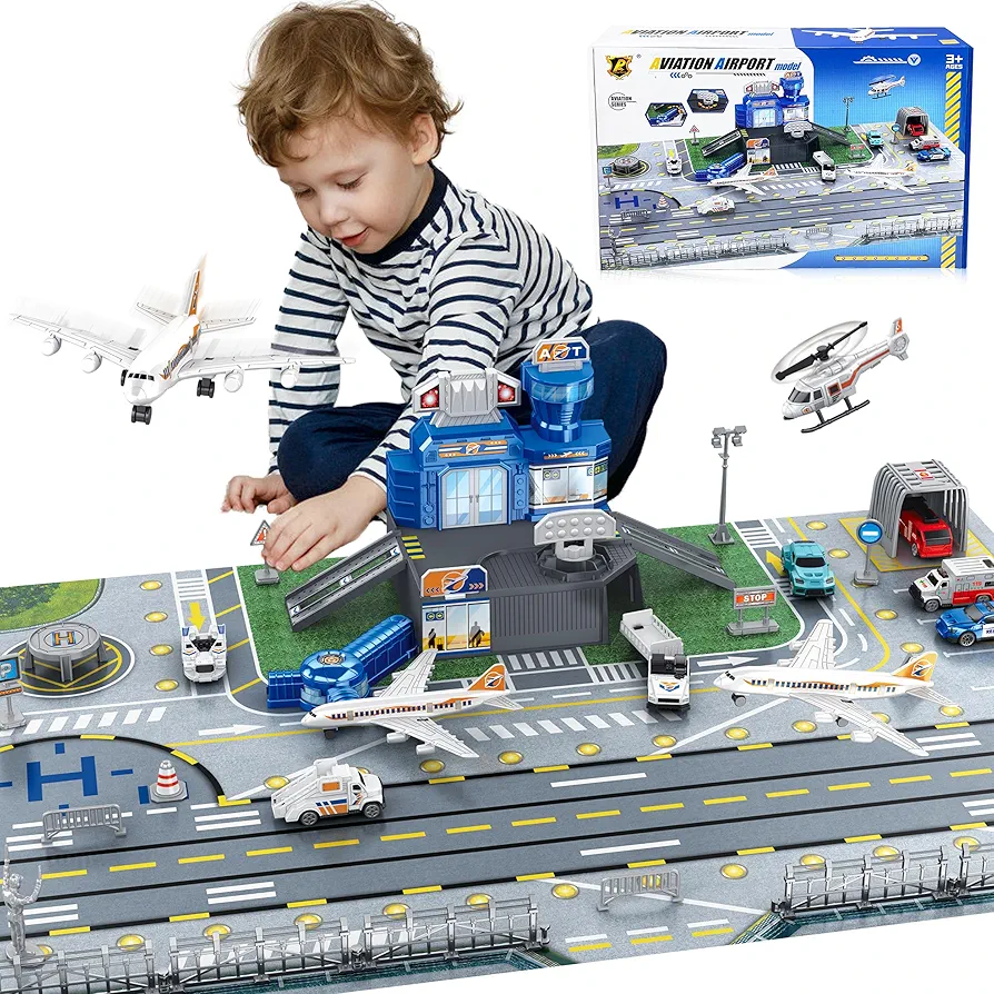 Airplane Toy Set with Trucks, Helicopter, Planes, Signs and Airport Playmat, Interactive Early Learning Toys for Boys Girls, Great Gift for Birthday