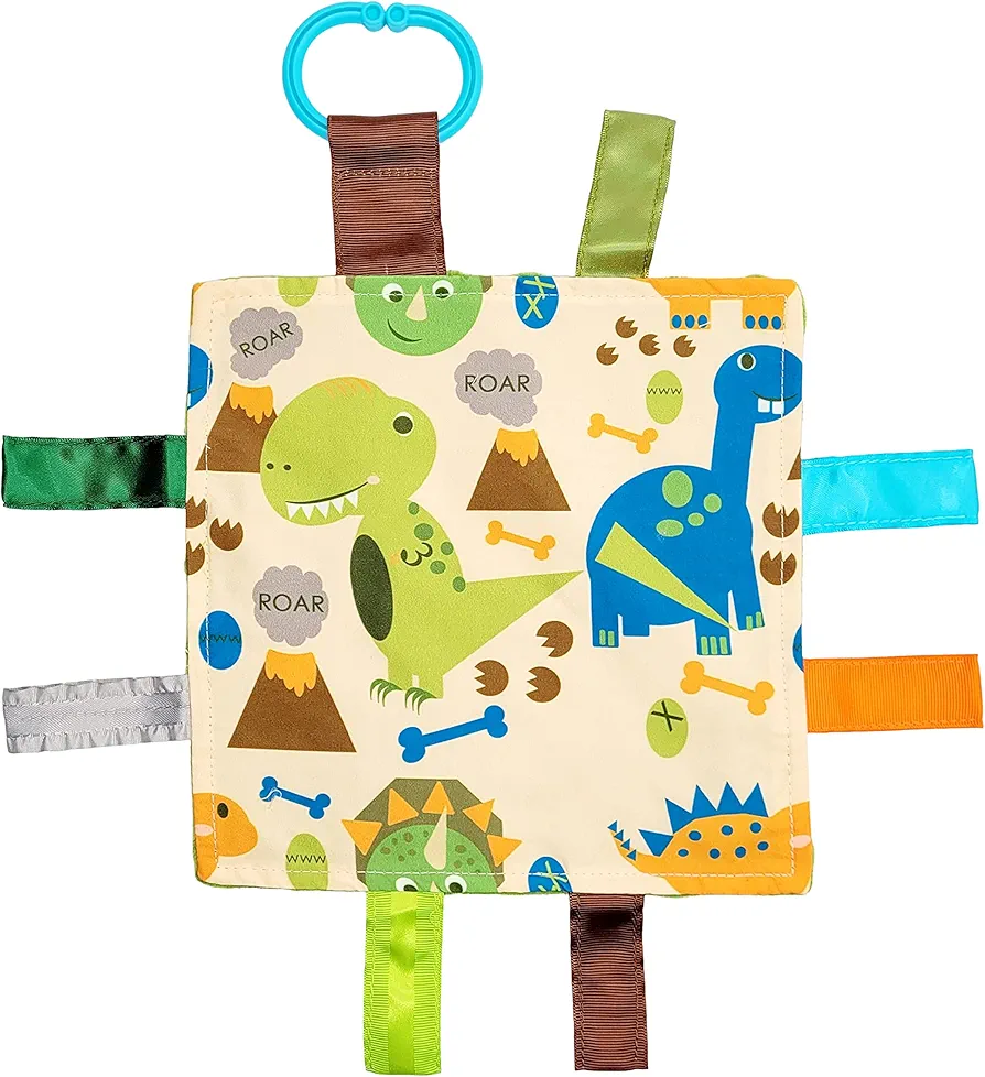 Baby Sensory Crinkle & Teething Square Lovey Toy with Closed Ribbon Tags for Increased Stimulation: 8"X8" (Dinosaurs)