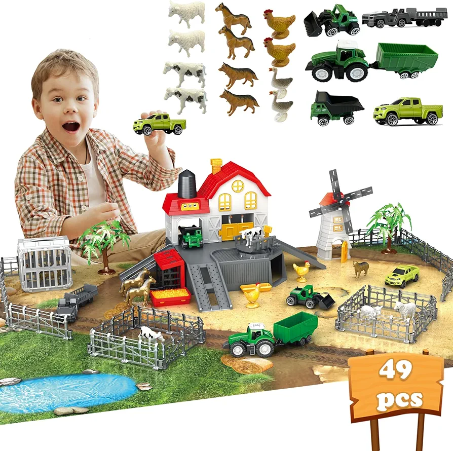 Farm Animals Toys with Play Mat, Farm Playset Barn House with Animals Figurines and Truck Tractor Toys for Kids, Farm Set Animal Toy for 3-12 Years Old Kids Boys Girls Toddlers, 49PCS