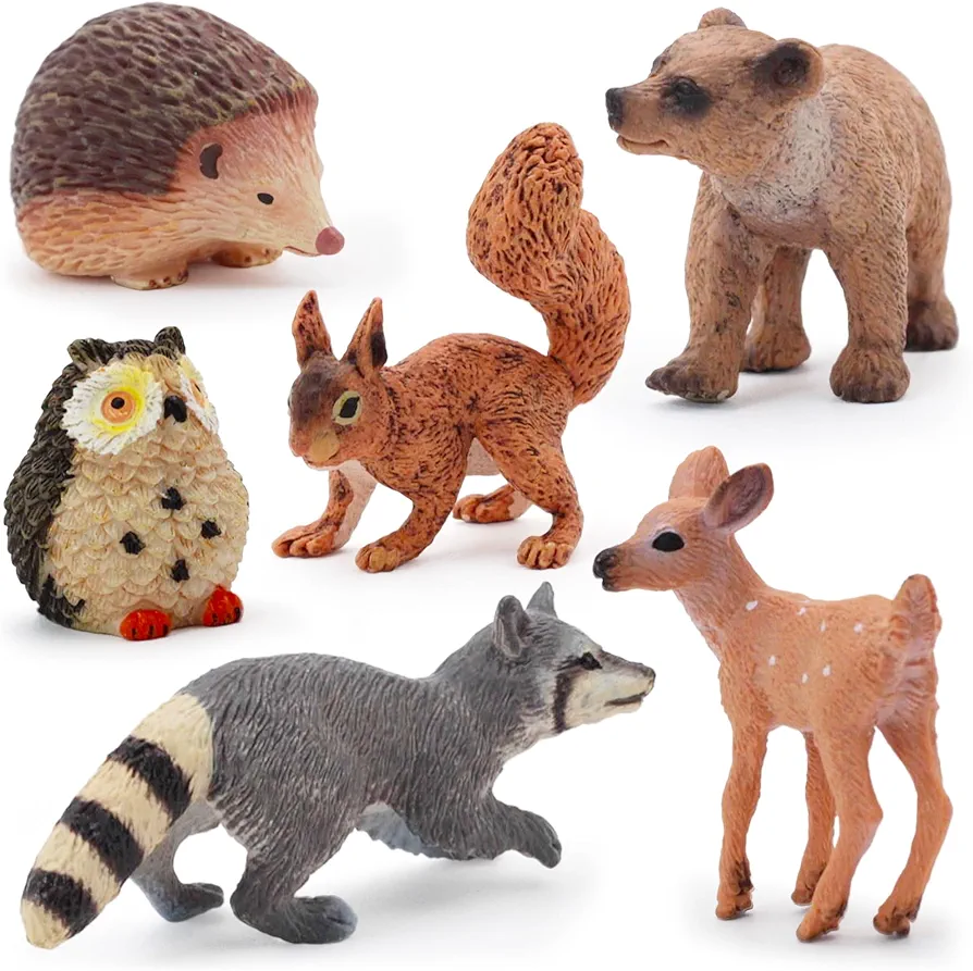 Gemini&Genius Woodland Animal Toys, 6Pcs Forest Animal Toy Figures with Bear, Hedgehog, Deer, Raccoon, Squirrel and Owl, North American Wildlife Great Cake Toppers for Baby Shower and Gifts for Kids