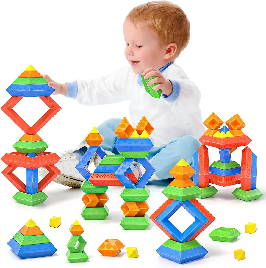 Blocks Building Toys for Toddlers 1-3 3-5, Montessori Pyramid Stacking Blocks Preschool Educational Toys for Ages 2 3 4 5 6 Boys & Girls Learning Stem Sensory Toys Kids Birthday, 45PCS