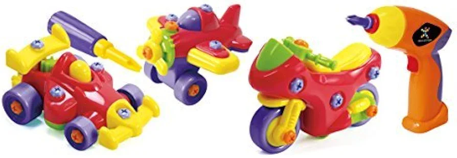 Discovery Toys Motor Works Set of 3 Vehicles: Race Car, Airplane, Motorcycle with Electric Drill & Case | STEM Educational Toy Learning & Childhood Development 4 Years and Up