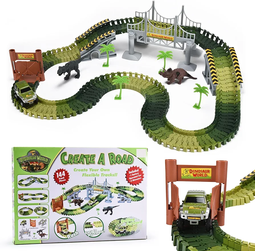 Dazmers Multi-Color Dinosaur Race Track - Set of 16 - Toddler Race Track for Kids Play, 2.5'' H x 16.5'' L x 11.8'' W, Flexible, Made of Durable Green Plastic - Ideal for Playtime Adventures