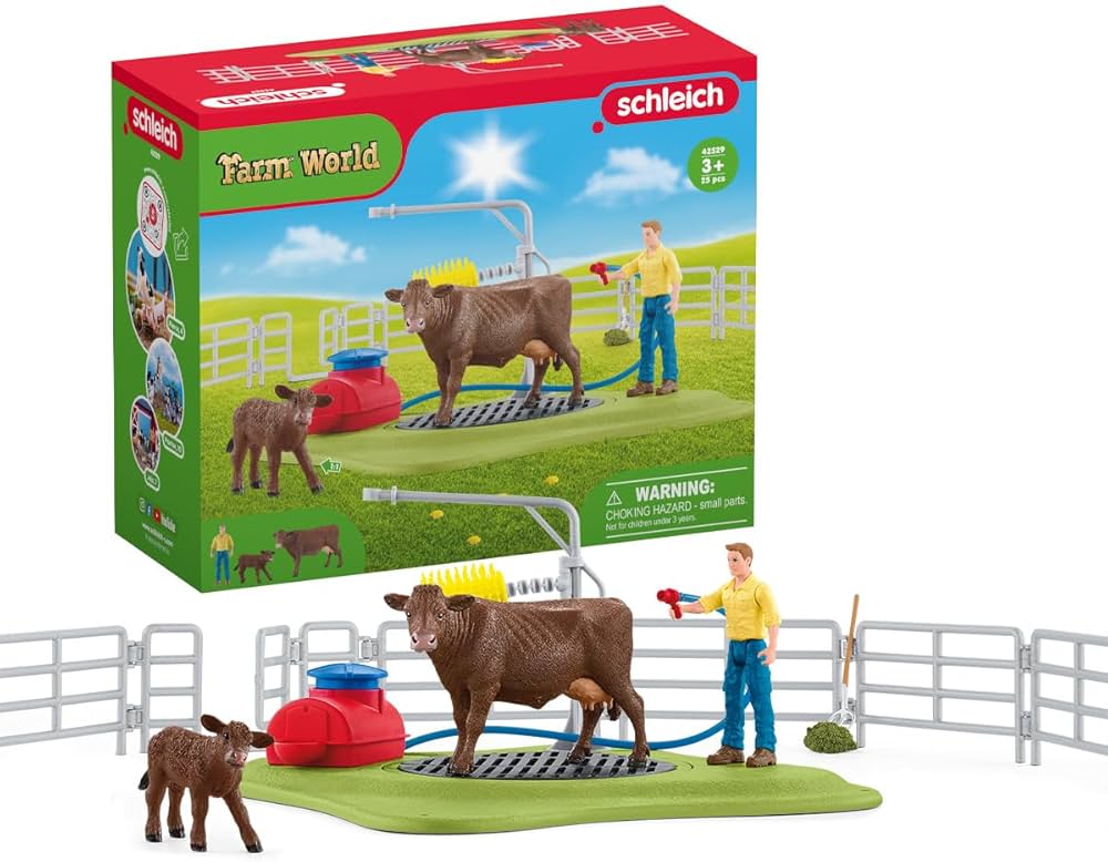 Schleich Farm World, Farm Animal Toys for Kids, Happy Cow Wash with Cow Toys and Working Wash Area 16-Piece Set, Ages 3+