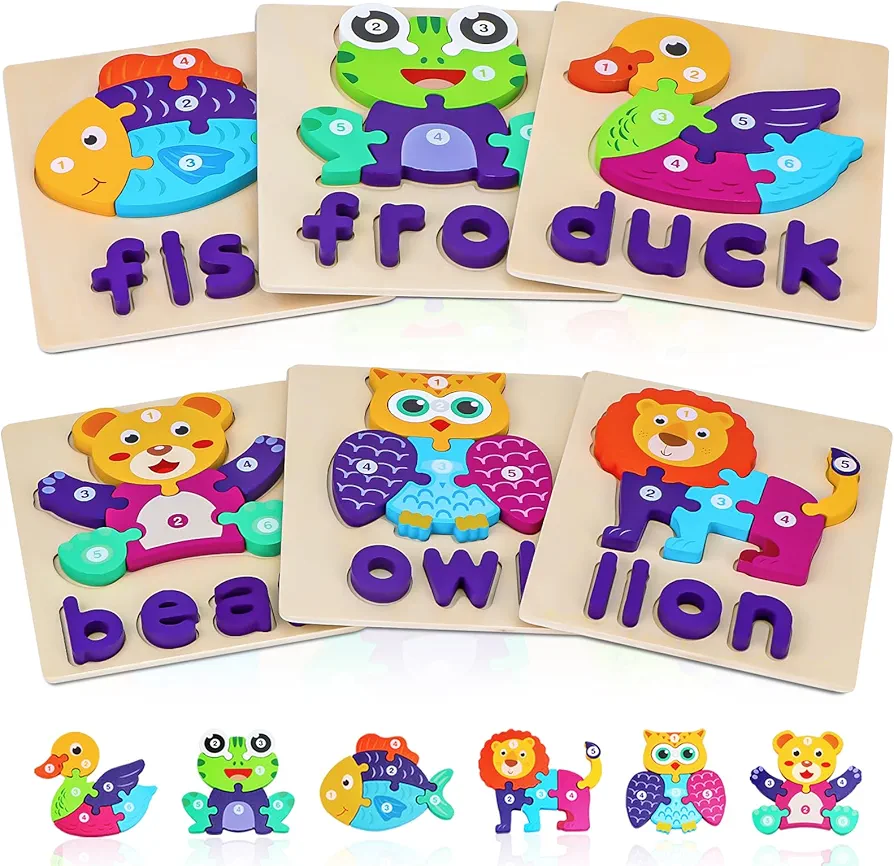 Wooden Puzzles for Toddlers 1-3, Toddler Toys Gifts for 1 2 3 Year Old Boys Girls, Toddler Puzzles Learning Education Toys with Animal Shape Alphabet Spelling Puzzles Preschool Toys (6 Pack)