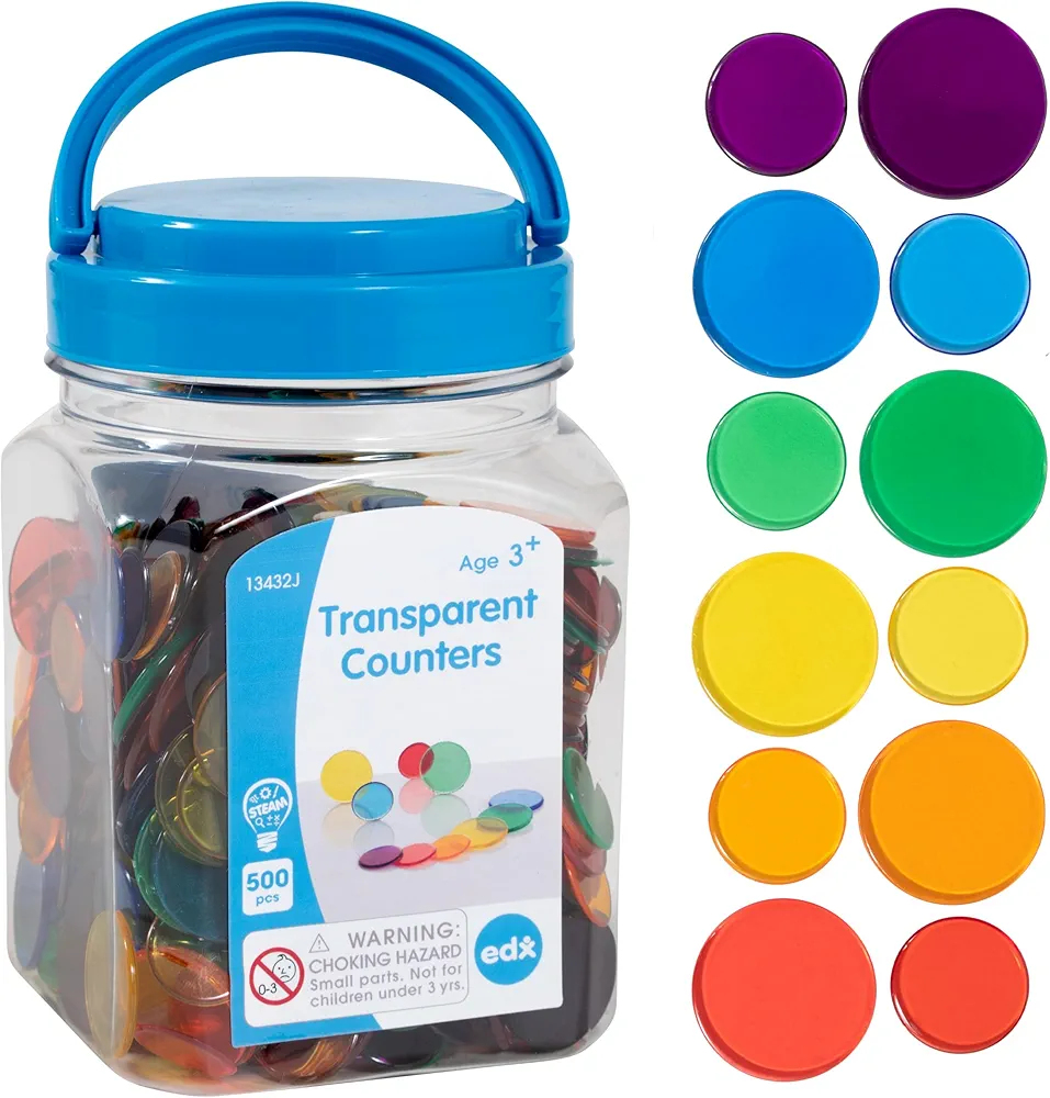 edx education Transparent Counters - Mini Jar - Colorful, Plastic Counters - Light Box Accessory - Sensory Play - Math Manipulative