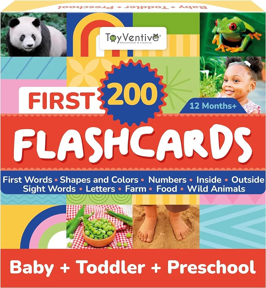 TOYVENTIVE First 200 Thick Toddler Flash Cards, 1 2 3 4 Year Old Letter, Number, Color, Animal, Baby Flash Cards Activities, Montessori Toys for Toddlers and Preschool, Toddler Learning Cards