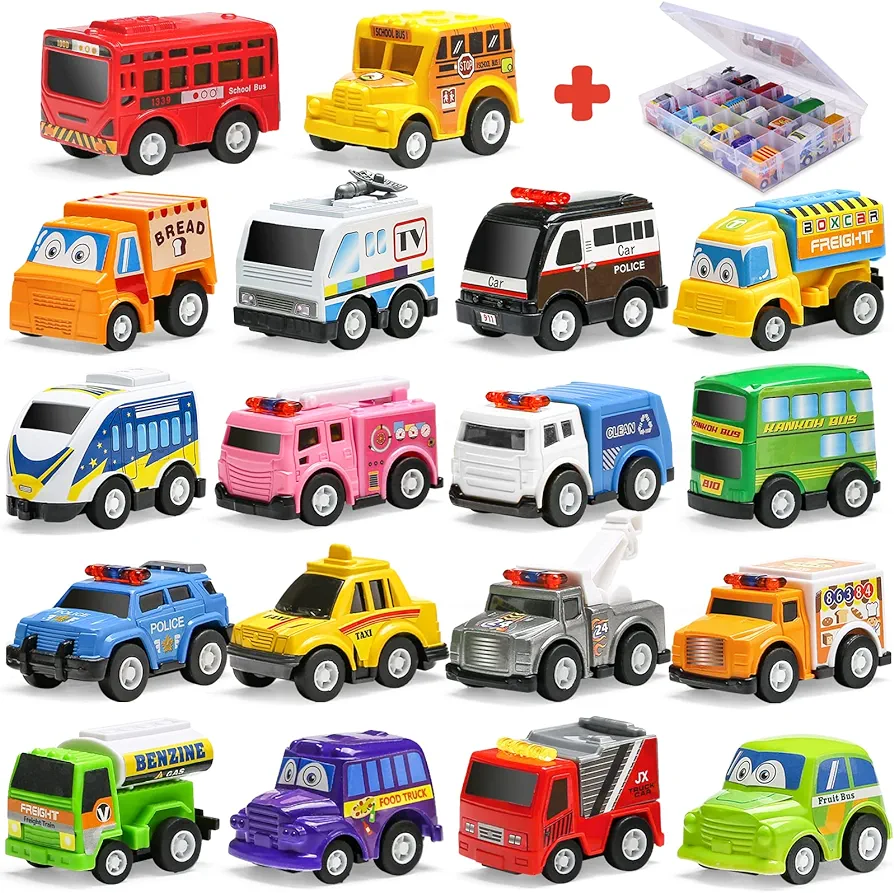 18 Pack Assorted Pull Back Car Toys for Kid with Storage Organizer Box, Mini Model Vehicle Set with Display Case for Child Toddler, Small Play Truck Bulk for Boy and Girl Party Favors, Birthday Gift