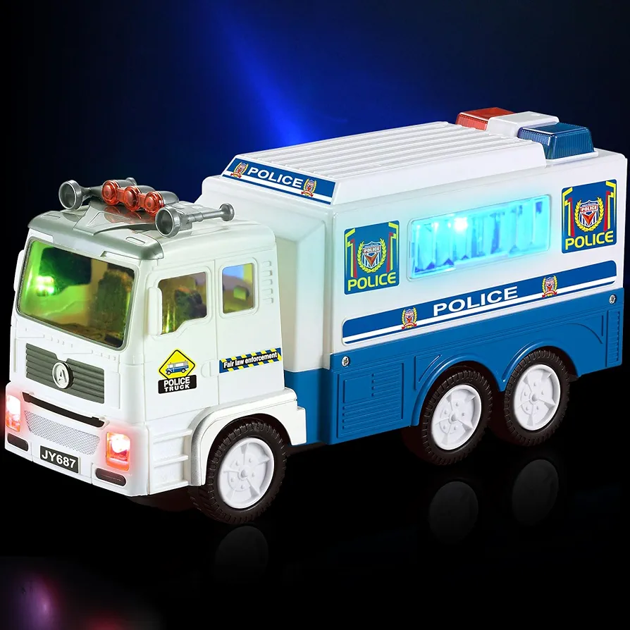 Police Car Truck Toys for Toddler 1 2 3 4 5 6 Years Christmas Birthday Gifts, Trucks Car Toys for Boys Girls Kids with 4D Lights & Sounds, Bump and Go Police Truck Toy