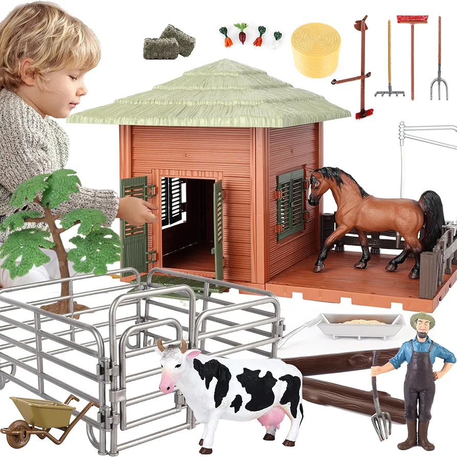 Farm Animal Figures Horse Toys Playset Farmhouse Horse Wash Area with Fence Farmer Cow for 3-7 Years Old Kids Boys Girls Toddlers