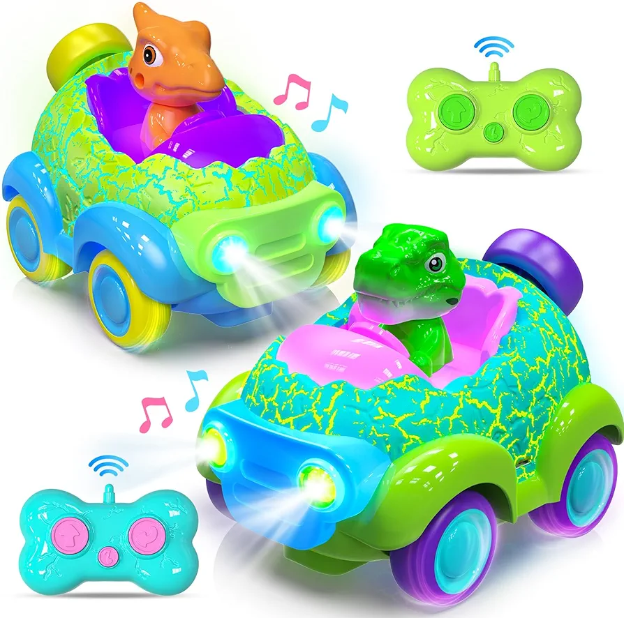 beefunni Toddler Remote Control Car, 2 Pack Dinosaur RC Cars for Toddler Toys 2-3, Car Toys for 2 3 4 5 Year Old Boys and Girls Birthday Gift, LED Lights & Music