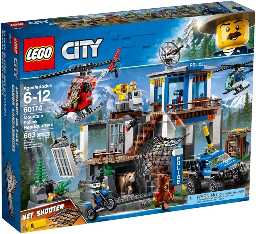 City Police Mountain Headquarters Building Set, Toy Helicopter & 4x4 Car, Police Toys for Kids