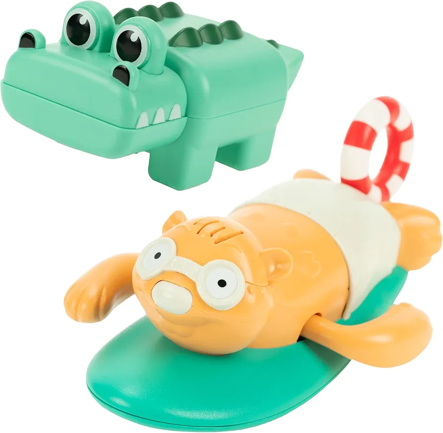 Wind-up Bath Toys Bundle (2 Pack) : Surfing Beaver (Pull-string) & Swimming Crocodile for Kids