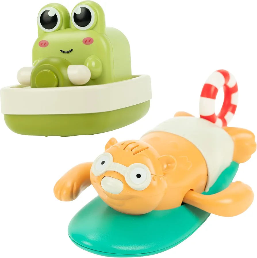 Wind-up Bath Toys Bundle (2 Pack) : Surfing Beaver (Pull-string) & Boating Frog for Kids