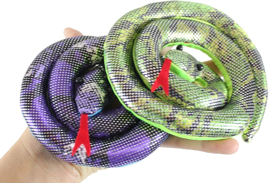 Curious Minds Busy Bags Set of 2 - Snake Coiled Sand Filled Animal Toy - Heavy Weighted Sandbag Animal Plush Bean Bag Toss - Shimmering Glitter (PURPLE and GREEN)