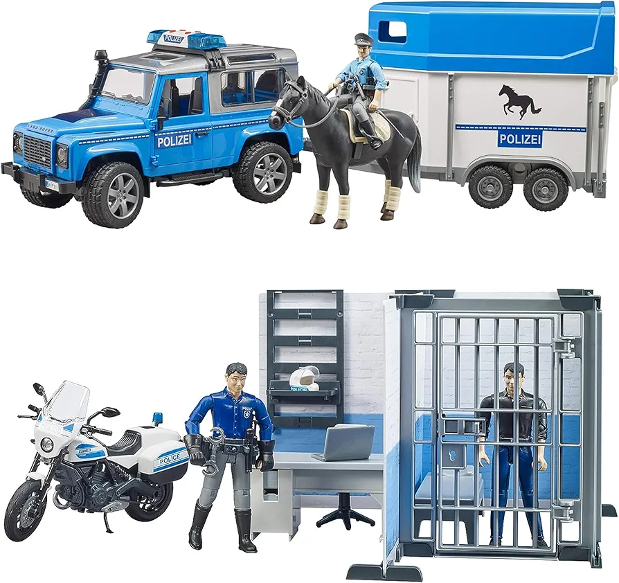 Bruder Toys 02588 Land Rover Police Vehicle w Horse Trailer, Horse and Policeman, L&S Module with bworld set police station - Ages 4+