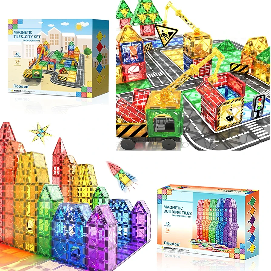 80PCS Kids Games Magnetic Tiles Road Set with Extendable Magnetic Crane, City Construction Building Toys for Toddlers STEM Preschool Toys Ages 4-6 5-7, Gifts for 3+ Year Old Boys Girls