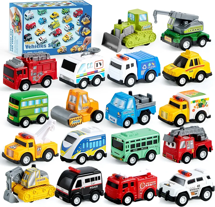 JOYIN 18 Pcs Pull Back City Cars and Trucks Toy Vehicles Set, Friction Powered Cars Toys for Toddlers, Boys, Girls’ Educational Play, Goodie Bags Stuffers