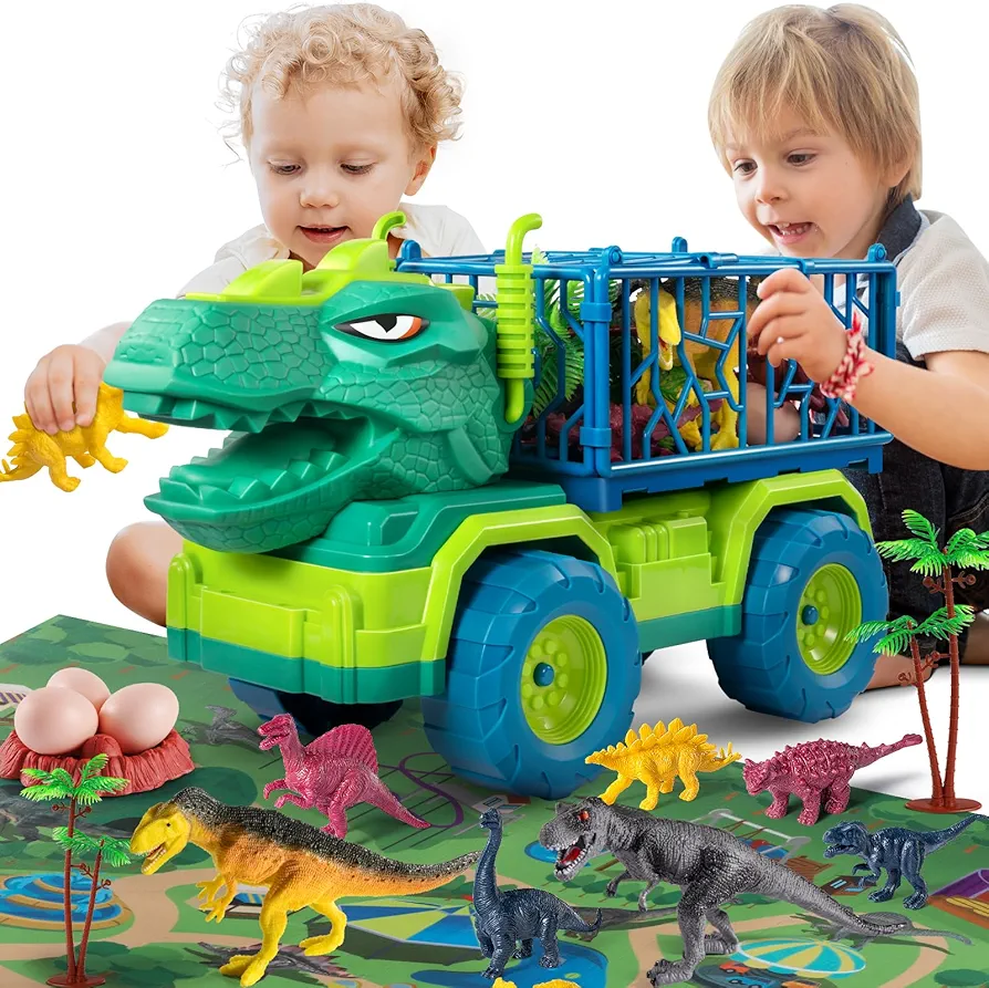 Dinosaur Transport Truck for Kids 3-5, T-rex Vehicle Carrier Car Toys for Boys 3 4 5 6 7 Years Old, Truck Toy with Dino Figures & Play Mat, Gift for Toddlers Boys Girls