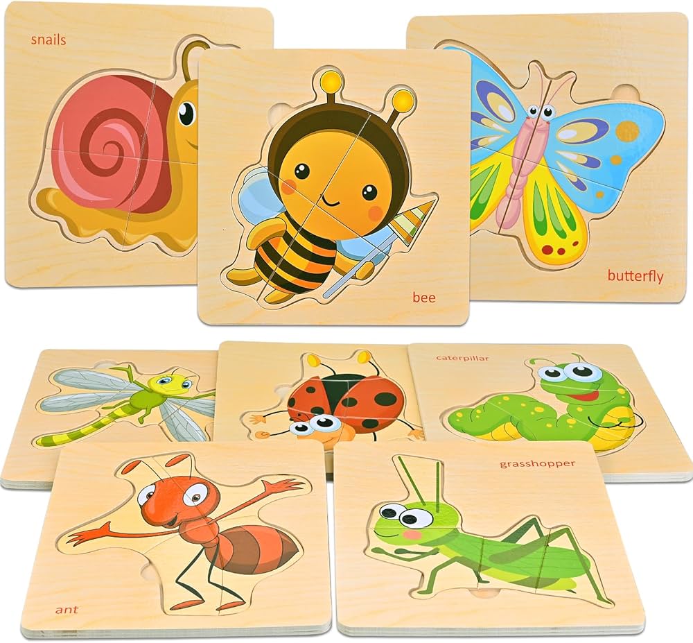 Wooden Puzzles for Toddlers 1-3, 8pcs Shapes, Insect Animal Themed Montessori Toys for 1 Year Old Learning, Educational Preschool Toys for Boys Girls