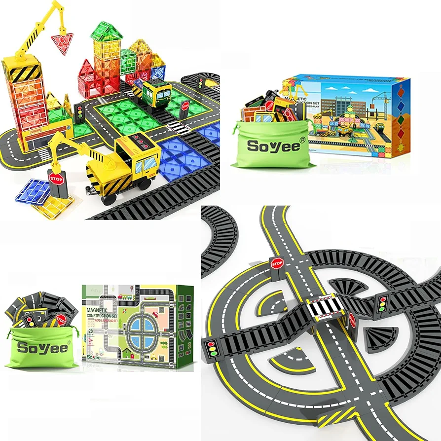 Magnetic Tiles Road & Train Track Magnetic Construction Set with 2 Cranes Boys Toys for Ages 3-5 5-7 8-10 Building Toys includes Crane, Road Tracks, Train, Train Tracks, Dolls, Car Toy, Traffic Light