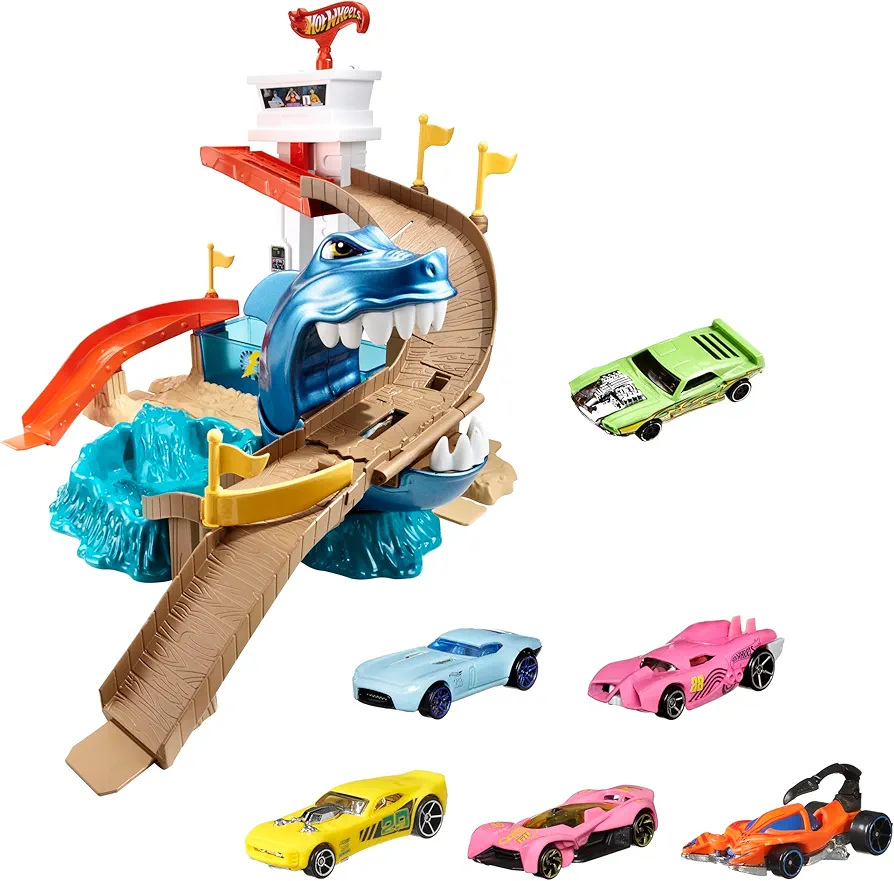 Bundle of Hot Wheels Toy Car Track Set, Color Shifters Sharkport Showdown with 1 Color Shifters Car + Set of 5 Color Shifters 1:64 Scale Color Change Toy Vehicles (Styles May Vary) (Amazon Exclusive)