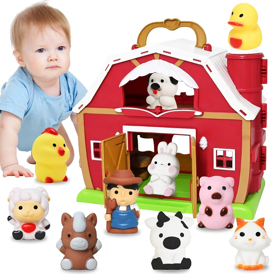 Big Red Barn Toy Farm Animal Finger Puppets for 1-3 Years Old, Pretend Farm Playset with Barn & Farmer, Preschool Montessori Learning Toys, Christmas Birthday Gift for Toddlers Boys Girls