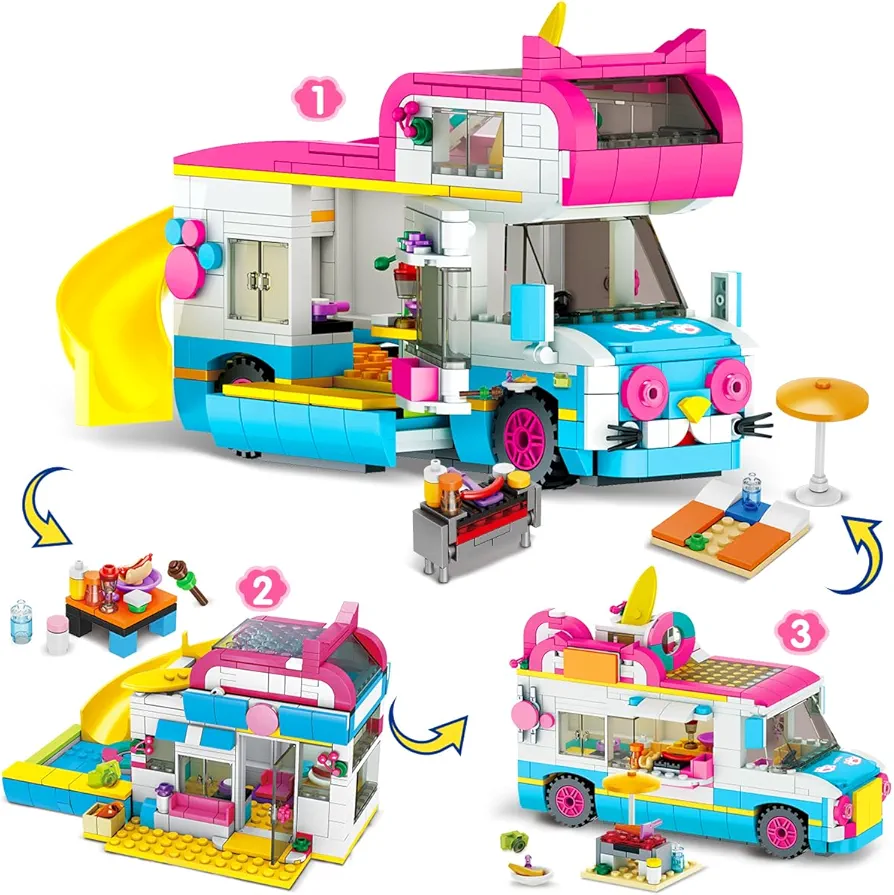 3-in-1 Cat Car Building Set, Girls Camper Van Building Block Sets, Ice Cream Truck City Bus Building Toys with Slide and Stickers, Gifts for Kids Girls Boys Age 6 7 8 9 10 11 12+ (494PCS)