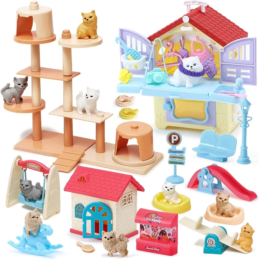 Golray 66Pcs Cat Toys for Kids Girls, 3 In 1 Pet Pretend Play Toys with 9 Cat Figurine/DIY Cat Tree/Beauty House/Playground, Toddler Cat Figures Pet Care Birthday Preschool Girl Boy Gift Age 4 5 6 7 8