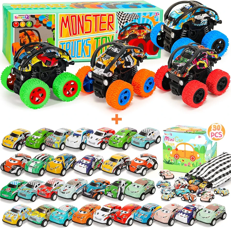 Monster Truck Toys Cars for Kids Stunt Cars 4 Pcs and 30 Pcs Pull Back Cars with Storage Bags, Race Cars Party Favors for Toddlers Goodie Bag Christmas Birthday Gifts