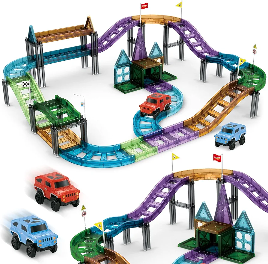 59 Piece Magnetic Building Blocks Race Car Track, Magnetic Tiles Track Racing Car, Magnetic Construction Car Track Set with 2 Cars and Roads Signs, Learning Construction Kit for Kids